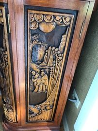 Bar cabinet Asian motif Carved 39.5” tall x 32” wide x 16” deep