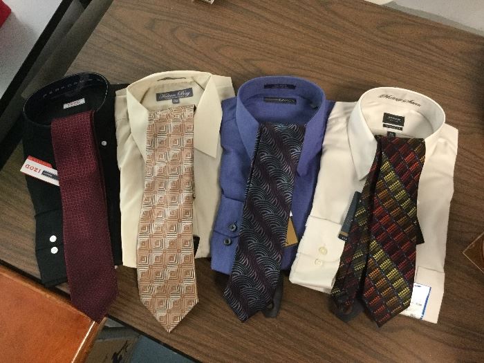NEW men’s shirts and ties. Shirt sizes from 14-1/2 32/33 to 18-1/2 36/ 37
