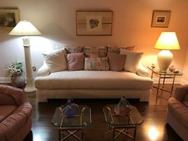 Upholstered Sofa, high quality brass end table, coffee tables
