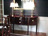 Thomasville sideboard, brass gallery rail, bellflower inlay