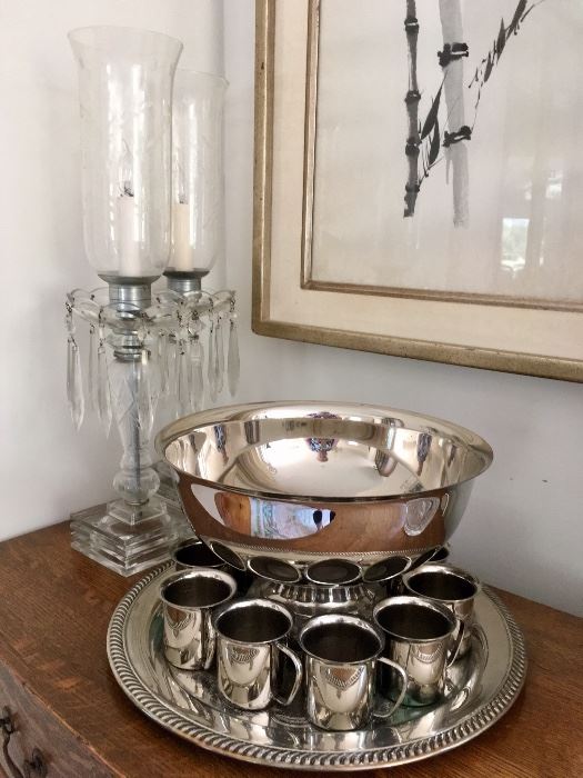 silverplate punch bowl & 10 cups