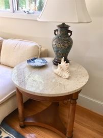 There are a pair of Italian marbletop end tables & antique  cloisonné  lamps