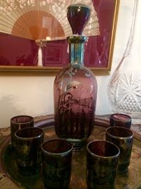 Amethyst Venetian glass decanter & cups