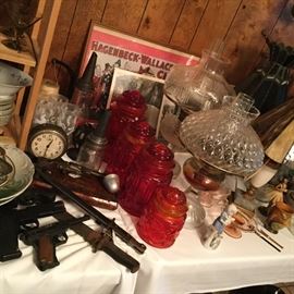 Beautiful Oil Lamps and other glass pieces.  Primitives and knives