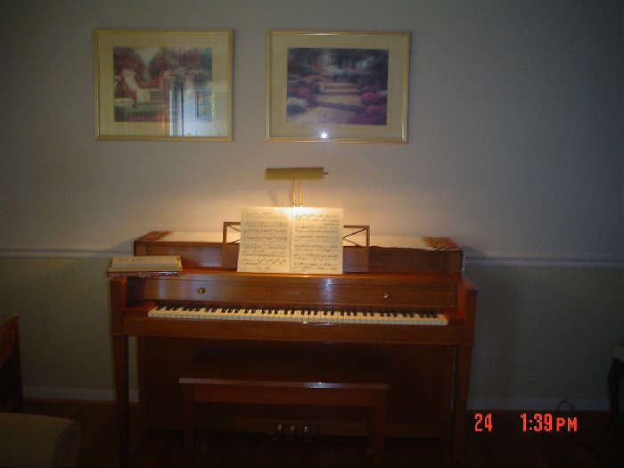 Jesse French spinet piano, sheet music, vinyl records, concert programs