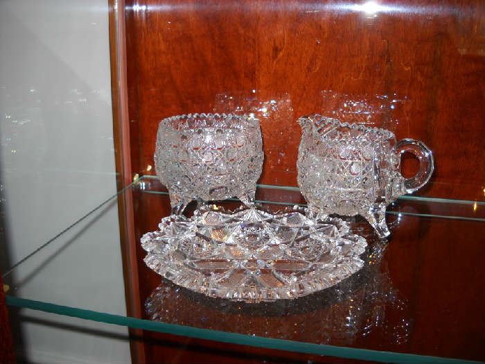 Lead crystal creamer and sugar with serving plate
