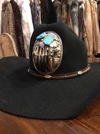 Navajo Sterling Buckle with Bear Claws and Turqouise mounted on Hat