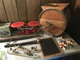 Many antiques/primitives, including butter churn and scale.