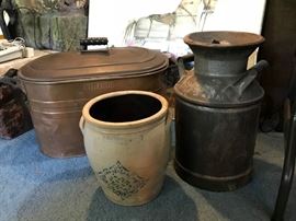 Nice crock; copper wash tub; milk can.