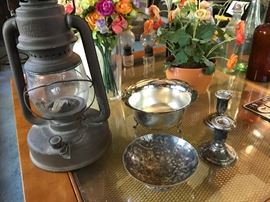 Lantern; sterling candlesticks; sterling bowl.