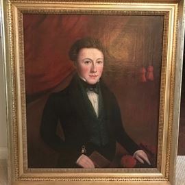 Primitive Antique Oil Portrait Gold Gesso Frame