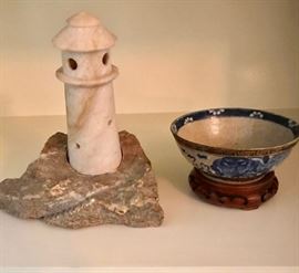 Alabaster Antique Lighthouse Light and Chinese Bowl