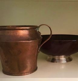 Antique copper urn and vintage sterling silver base salad bowl 