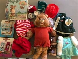 Teddy Ruxpin collection, including original Teddy Ruxpin teddy bear, clothing, books and accessories.