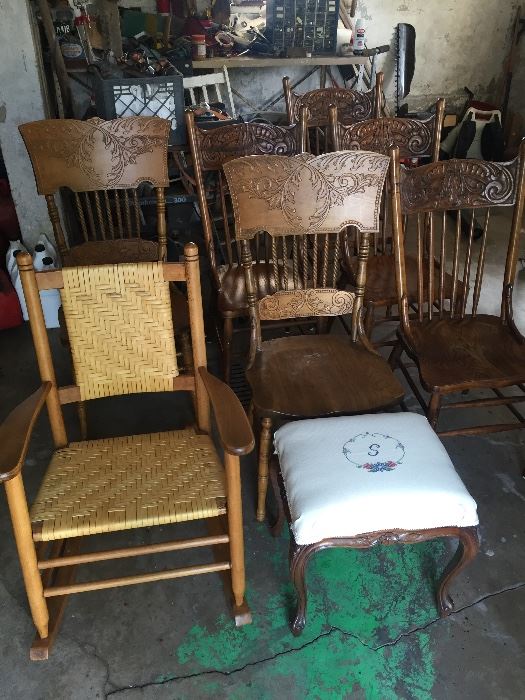 restored reed rocker and antique chairs, stool