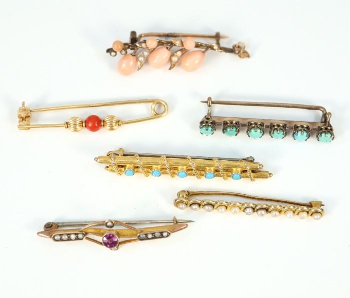A Group of Six 19th Century Bar Pins - Including one Italian 18 kt yellow gold pin with gold and coral beads, one 14 kt yellow gold pin with seed pearl accents, 1 9 kt pin with amethyst centered stone and seed pearl accents, one pin with worn markings and turquoise beads, and two other unmarked pins: one with turquoise enamel accents, and the other with angel skin coral beads and seed pearls. Minor wear overall. Up to 1." long. Totaling 12.4 grams. 
