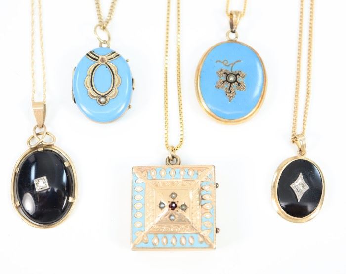 Three 19th Century Lockets & Two Pendants - Including 2 oval robin's egg blue enamel lockets, 1 square locket with enamel decoration, and 2 oval onyx pendants.  Four chains are stamped "14K" and the other is "12K G-F"; the bail on the onyx pendant is stamped "10K" .  Wear overall, losses/chips to the enamel, one blue locket is missing a seed pearl.  Up to 10 3/4" long.  Totaling 31.9 grams.  