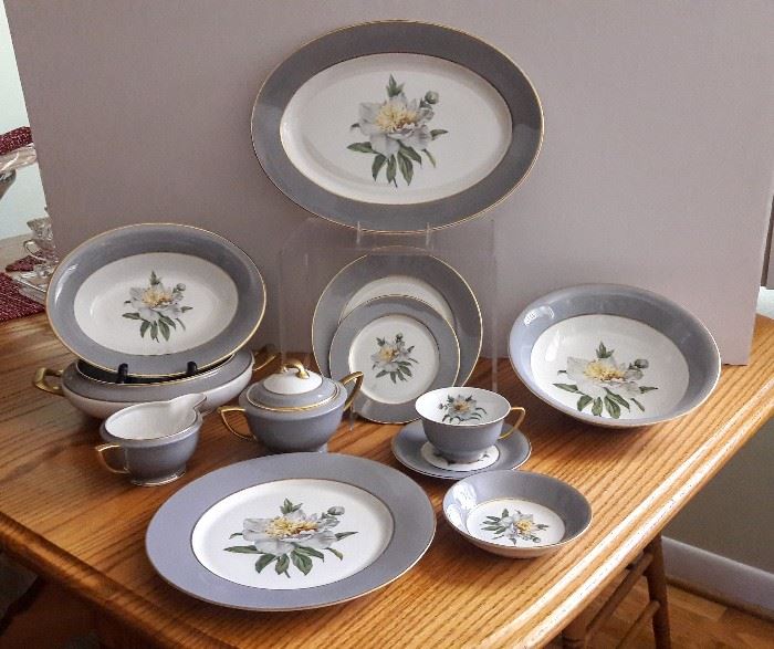 vintage fine china. beautiful gray rim. more than 6 complete place settings with serving pieces.