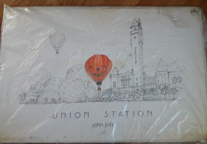 hand water color poster by St louis artis John Pils. 1987. one of a kind Halloween balloon.