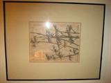Artist signed 'Andres' Bamboo Flower I and II Watercolor on Rice Paper Paintings, VanGaurd Studios, Beverly Hills California