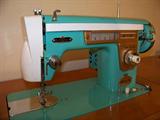 Turquoise Vintage De Luxe Sewng Machine with Cabinet, Made in Japan with Good Housekeeping Seal of Approval
