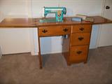 Turquoise Vintage De Luxe Sewng Machine with Cabinet, Made in Japan with Good Housekeeping Seal of Approval