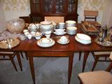 Vintage Willett Cherry-Wood, Drop-Leaf Dining Room Table, with Two Leaves, Custom Pads, and Six Matching Chairs.