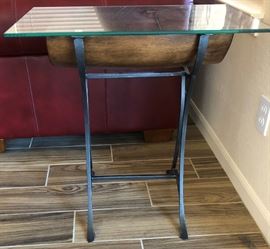 Side Table w Iron Base, Stunning Wood Center w Glass Top