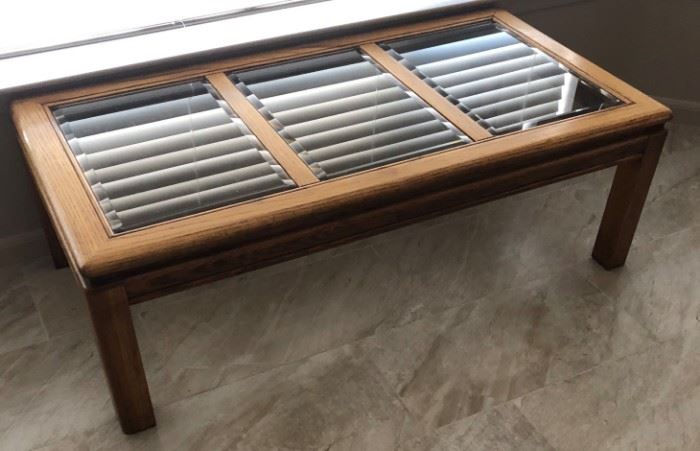 Oak and Beveled Glass Coffee Table (reflection of blinds in glass!) 