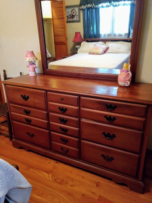 Triple dresser and mirror for 1950's maple set. Made by Drew. $200.