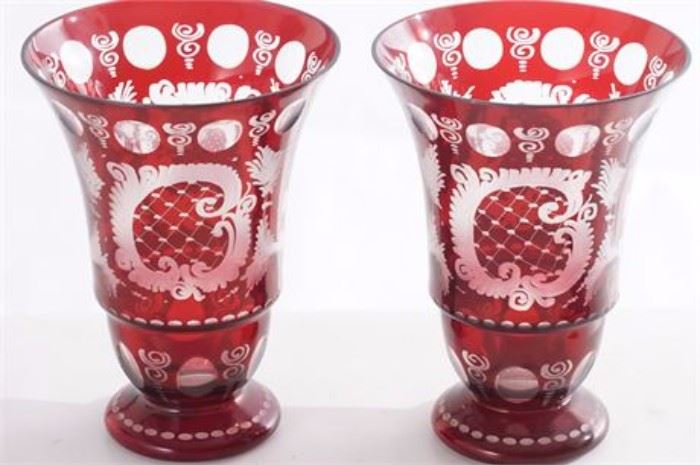 88EK Pair Bohemian Ruby Glass Vases