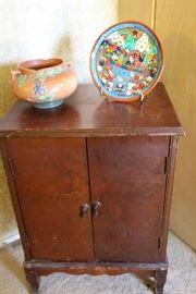 Roseville Pot, decorative plate and antique cabinet