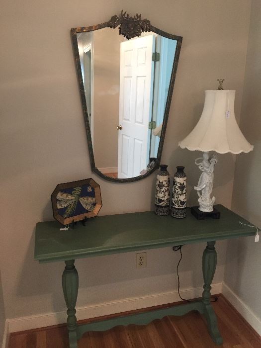 Anthropologie mirror, super cool lamp and awesome painted sofa table
