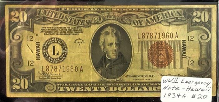 1934-A, WWII Emergency $20 Note- Hawaii