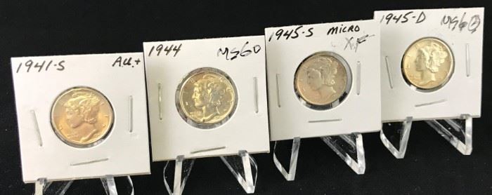 Mercury Dimes 1941-S, 1944, 1945-S Micro, 1945-D