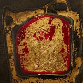 Lot #30 
Clea van der Grijn (b. 1967). Mixed media on canvas titled Jeopardy. Signed and titled along the verso, and dated 2002. Additionally inscribed along the back "For Jamie Becker. Mixed media on linen-oil, wax, pva, gold leaf/powder on linen. 2002." Also inscribed along the verso is the artist's email address. 
Provenance: Macy's Collection, Minnesota. 
Private collection, Minnesota. 
Dimensions: Height: 36 1/4 in x width: 36 1/4 in.