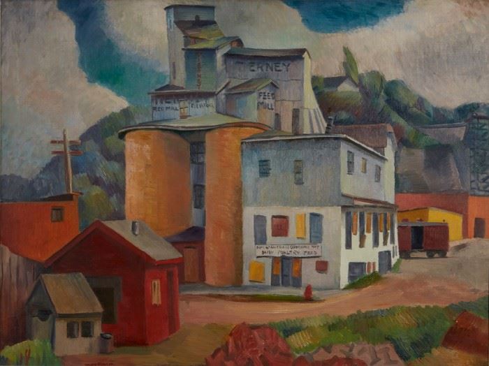 Lot #6 Dewey Albinson (1898 - 1971). Oil on canvas titled Tierney Mills depicting a grain mill. Signed along the lower left. 
Provenance: Private collection, Minnesota. 
Literature: Dave Kenney, The Grain Merchants: an Illustrated History of the Minneapolis Grain Exchange, 2006, p. 121. 
Dimensions: Unframed; height: 30 1/4 in x width: 40 in. Framed; height: 36 in x width: 45 1/2 in.