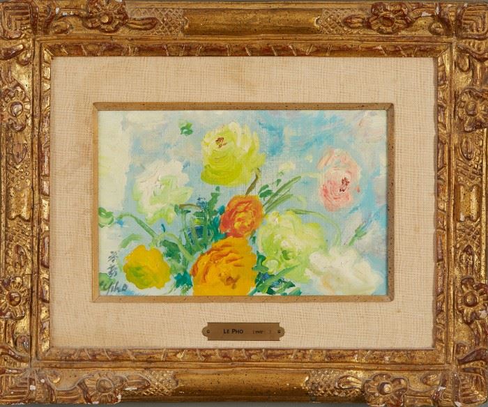 Lot #24 Le Pho (1907-2001). Oil on canvas depicting flowers. Signed along the lower left.
Provenance: Wally Findlay Galleries, Chicago.
                      Private collection, Minnesota.
Biography: Le Pho was born in Vietnam in 1907. As a child, he was constantly finding opportunities to make art. As the son of the Viceroy of Tonkin, he had the opportunity to study art at the newly established Ecole des Beaux-Arts in Hanoi under Victor Tardieu (1870-1937), a well-respected French painter. In 1931, he traveled to France with Tardieu, where he studied at the Ecole des Beaux-Arts in Paris on a scholarship. He then traveled to Italy to do research, also visiting the Netherlands and Belgium in his tour of Europe. 
After returning to Vietnam, Le Pho became a professor at the Ecole des Beaux-Arts in Hanoi. During his professorship, he decided to continue his education by making trips to China to study and make art. While in China, he studied traditional Chinese sculpture, visited museums, a