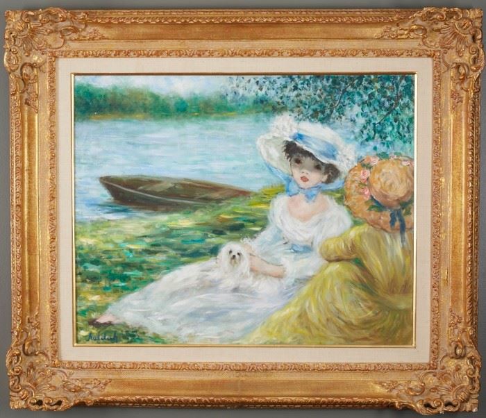 Lot #26 Huldah Jeffe (1901 - 2001). Oil on canvas depicting a two girls with a dog near a rowboat. Signed along the lower left. 
Provenance: Wally Findlay Galleries, Chicago.
                      Private collection, Minnesota.
Dimensions: Unframed; height: 25 1/2 in x width: 31 in. Framed; height: 35 in x width: 40 1/2 in.