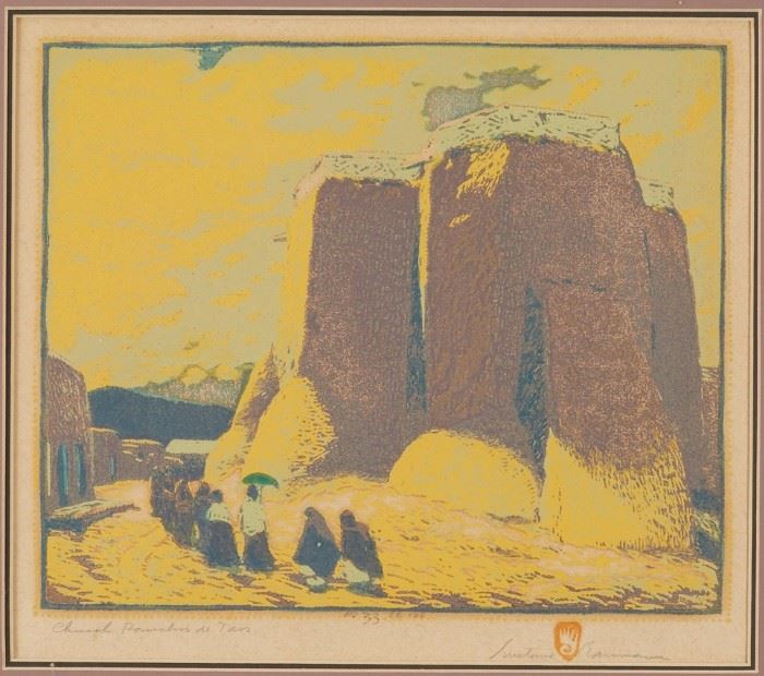 Lot #13 Gustave Baumann (1881 - 1971). Color woodblock print titled Taos. Print is hand signed along the lower left and titled along the lower right, and is numbered no. 33 of 100. 
Provenance: Albert Roullier Art Galleries, Chicago, Illinois. 
                      Private collection, Minnesota. 
Biography: Gustave Baumann was born in Germany in 1881. He immigrated to the United States with his family at the age of ten, ending up in Chicago. In Chicago, he apprenticed at an engraving company while studying at the Art Institute of Chicago by night. Following his studies, he began to work in advertising, opening his own firm in 1903. However, his true interest was always in art, so after saving enough money, he traveled to Germany to study at the  Kunstgewerbe Schule, or School of Arts and Crafts. The meticulous craftsmanship taught at this school became a defining feature of Baumann’s art throughout his career. 
When he returned to Chicago, he immersed himself in his art, quickly gaini