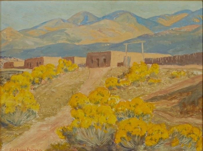 Lot #9 Sheldon Parsons (1866 - 1943). Oil on board depicting the Santa Fe foothills. Signed along the lower left. The verso bears a Nedra Matteucci Galleries label, as well as an Artists' Crossroads label. 
Provenance: Nedra Matteucci Galleries
                      Collection of Judith Balderson, Minnesota. 
Dimensions: Unframed; height: 9 in x width: 12 in. Framed; height: 15 1/2 in x width: 18 1/2 in.