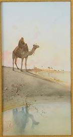 Lot #71Raffaele Mainella (1856-1941). Watercolor on paper depicting a man on a camel overlooking a body of water. Signed along the lower left.
Provenance: Private collection, Minnesota. 
Dimensions: Sight; height: 16 1/4 in x width: 8 3/4 in. Framed; height: 25 in x width: 17 1/4 in.