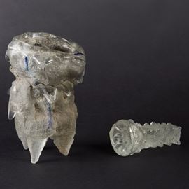 Lot #53 
Mark Kobasz. Four-legged glass vase with a bumpy texture and similarly textured candle holder.
Provenance: Directly from artist
Colletion of Edward Claycomb. 
Dimensions: Largest; Height: 7 in x diameter: 4 1/2 in.