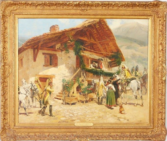 Lot #66 Edouard Detaille (1848 - 1912). Oil on canvas depicting a scene of dragoons interacting with Alsatian villagers during the Napoleonic Wars. Painting is signed and dated 1895 along the lower right.
Provenance: Graham Gallery, New York, New York.
Biography: Edouard Detaille is known as one of the greatest French military painters. His paintings possess the heroic, romantic spirit favored by his contemporaries, but are also known for their accuracy and detail, aided by both his artistic training and his actual military experience. 
Born in Paris in 1848, Detaille showed an early talent for art. After completing a standard education, he went to work with Ernest Meissonier. Meissonier (1815-1891) was a well-respected French military painter, known particularly for his detailed approach to painting, a method he had learned from studying the work of the 17th century Dutch masters. Detaille learned this detail-oriented approach to painting from Meissonier, a characteristic that would d