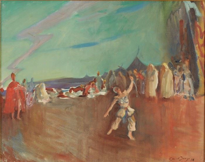 Lot #63 
Edward Seago (1910 - 1974). Oil on canvas depicting a dancing archer in front of an encampment of tents. Signed and dated '38 along the lower right. 
Provenance: Private collection, Minnesota.
Dimensions: Unframed; height: 16 in x width: 20 in. Framed; height: 18 1/4 in x width: 22 