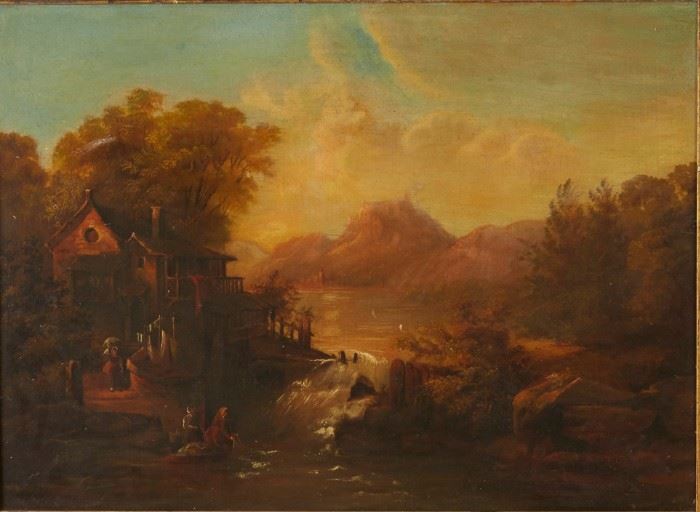 Lot #76 Oil on panel. Continental School landscape painting depicting women doing laundry by a river next to a building. Ca. 18th century.
Provenance: Private collection, Minnesota.
Dimensions: Sight; height: 17 1/2 in x width: 25 in. Framed; height: 23 1/2 in x width: 30 in.