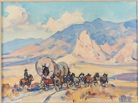 Lot #11 Marjorie Reed (1915 - 1996). Oil on canvas-laid board titled Pioneers--Westward Ho! Painting is signed along the lower left, and further signed and titled along the verso. 
Provenance: Private collection, Minnesota. 
Dimensions: Unframed; height: 9 1/4 in x width: 12 in. Framed; height: 17 1/2 in x width: 20 1/4 in.
