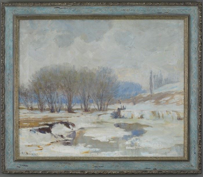 Lot #2 Nicholas Brewer (1857-1949). Oil on canvas depicting a winter landscape of a snowy river and trees. Signed along the lower left. 
Provenance: Private collection, Minnesota.
Dimensions: Unframed; height: 21 in x width: 24 in. Framed; height: 24 1/2 in x width: 28 1/2 in.