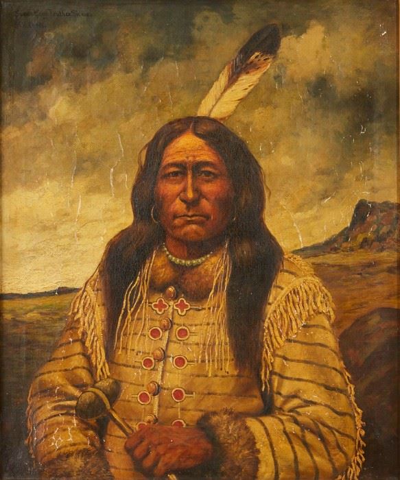 Lot #8 Henry H. Cross (1837 - 1918). Oil on canvas portrait titled Scout Long Feather Sioux. Painting is signed and titled along the upper left.
Provenance: Private collection, Minnesota.
Dimensions: Unframed; height: 30 in x width: 24 1/2 in. Framed; height: 31 in x width: 29 in.