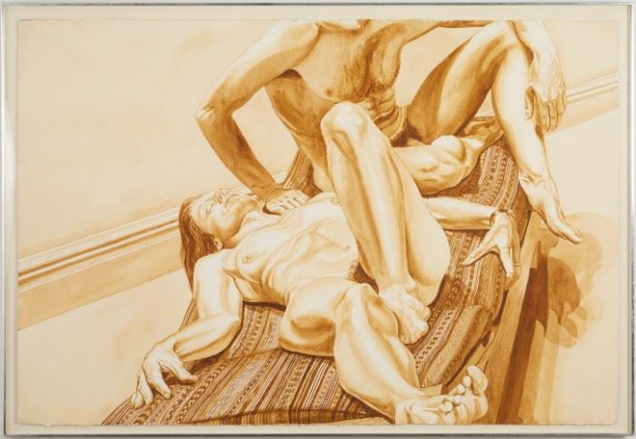 Lot #32 
Philip Pearlstein (b. 1924). Sepia watercolor on paper depicting a pair of nude models. Signed and dated 1978 along the lower right. 
Provenance: Donald Morris Gallery, Michigan.
Private collection, Chicago, Illinois. 
Dimensions: Sheet; height: 39 1/2 in x width: 58 in. Framed; height: 43 1/4 in x width: 63 in.